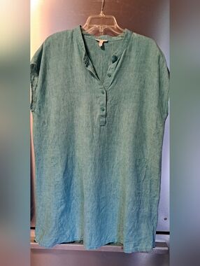 Eileen Fisher Washed Out Organic Linen Delave Boxy Dress Light Green XL Beach